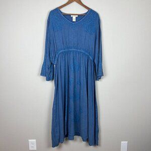Indigo Thread Co Dress Women 3X Blue Embroidered Midi 3/4 Sleeve A-Line Plus New